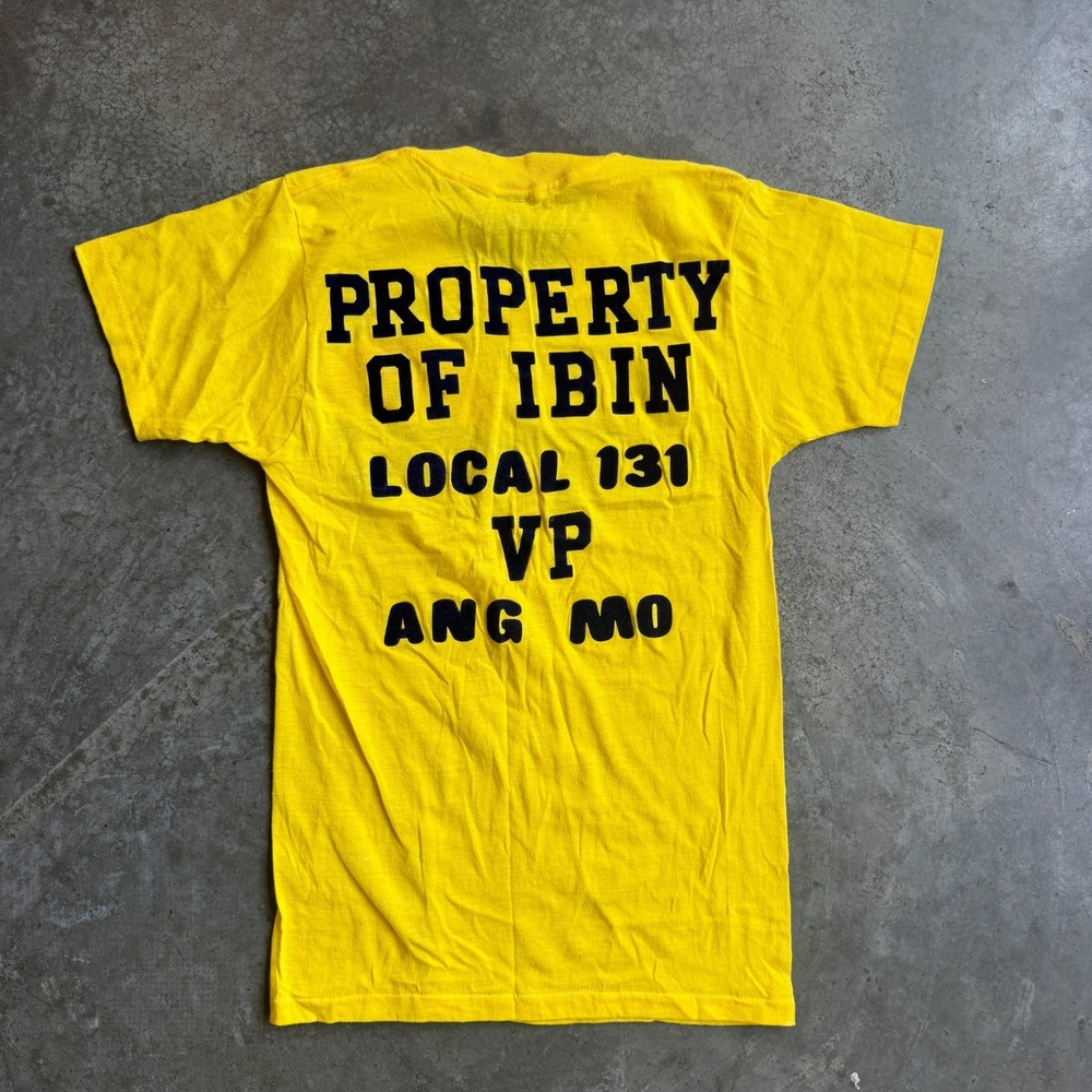 Vintage 70s 80s Flock Print Paper Thin Shirt Yellow Beach Double Sided S 15x25